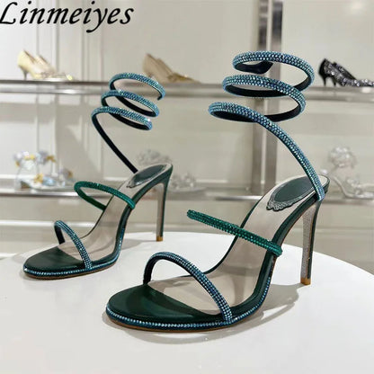 Summer Crystal Gladiator Sandals Women Rhinestone Twine Around Ankle Snake Wedding Shoes High Heels Sandals Woman