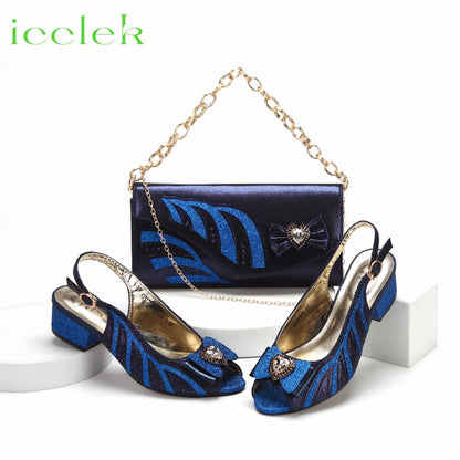 2024 New Arrival Elegant Style Fuchsia Color Low Heels Nigeria Popular Design African Ladies Shoes And Bag Set
