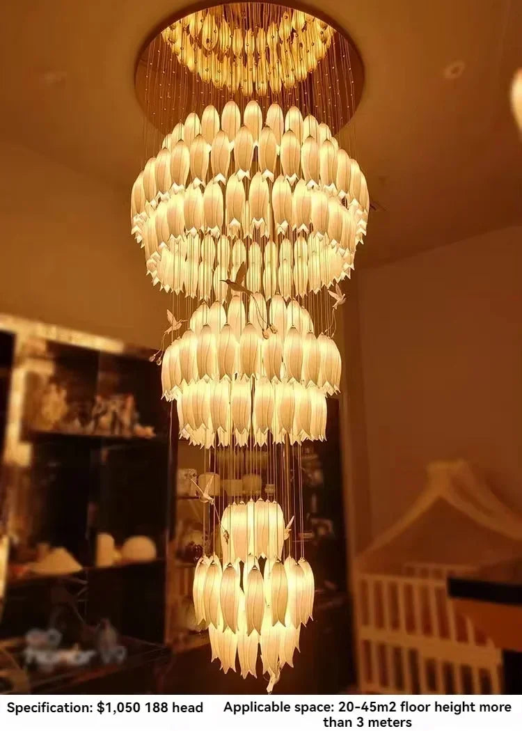 Luxury Crystal Staircase Chandelier for Stairsway Loft Ceramic Flowers Ceiling Chandelier for High Ceiling Villa Hotel Lobby
