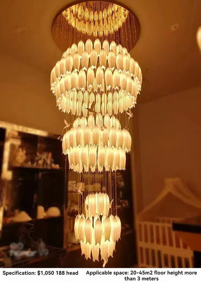 Luxury Crystal Staircase Chandelier for Stairsway Loft Ceramic Flowers Ceiling Chandelier for High Ceiling Villa Hotel Lobby