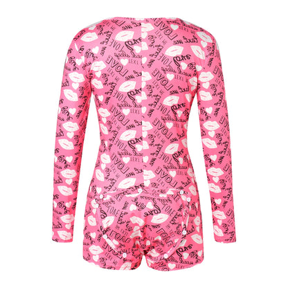 Combhasaki Women's Sexy High Waist Functional Buttoned Flap OnesEies Casual Pattern Print Romper Long Sleeve Playsuit Homewear