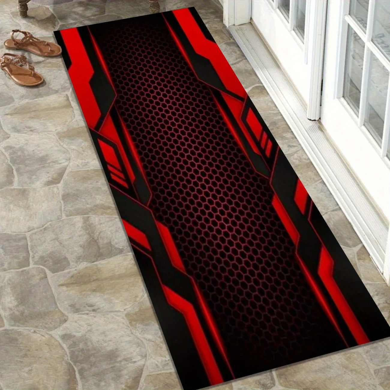 Red Black Honeycomb Motorcycle Mat, Anti-Slip Garage Floor Mat for Motorbike Parking, Absorbent, Cyber Tech Style, Home Decor