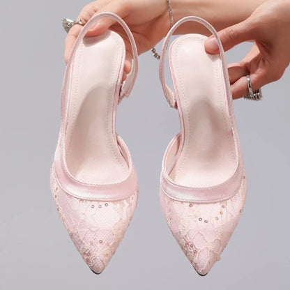 Elegant Lace Mesh High Heeled Sandals Women Luxury Bling Back Strap Brand Designer Shoes Fashion Pointy Toe Party Dress Shoes
