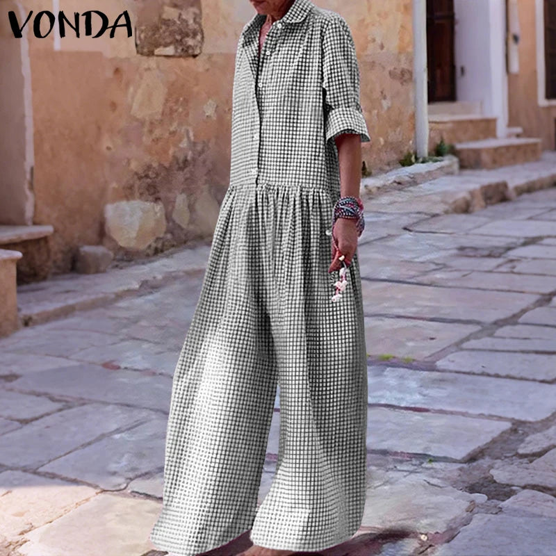 Plus Size 5XL VONDA Vintage Jumpsuits Women Elegant Plaid Long Overalls Fashion 3/4 Sleeve Casual Playsuits Streetwear Pants