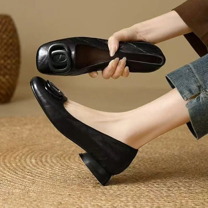 French Style Square Toe Block Heel Pumps Women Spring Autumn New Soft Leather Shallow Shoes Metal Buckle Vintage Women's Shoes