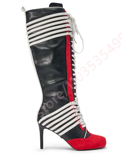 Black Red Color Block Striped Knee High Boots Women 2026 New Full Lace Up Thin Stiletto High Heel Fashion Streetwear Long Boots