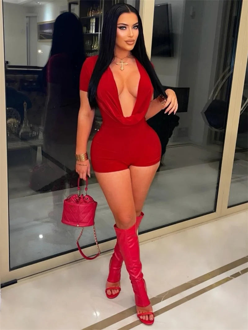 Sexy Deep V-neck Solid Bodycon Romper for Woman Jumpsuits Short Sleeve Skinny One Pieces Playsuit Club Party Combishort Femme