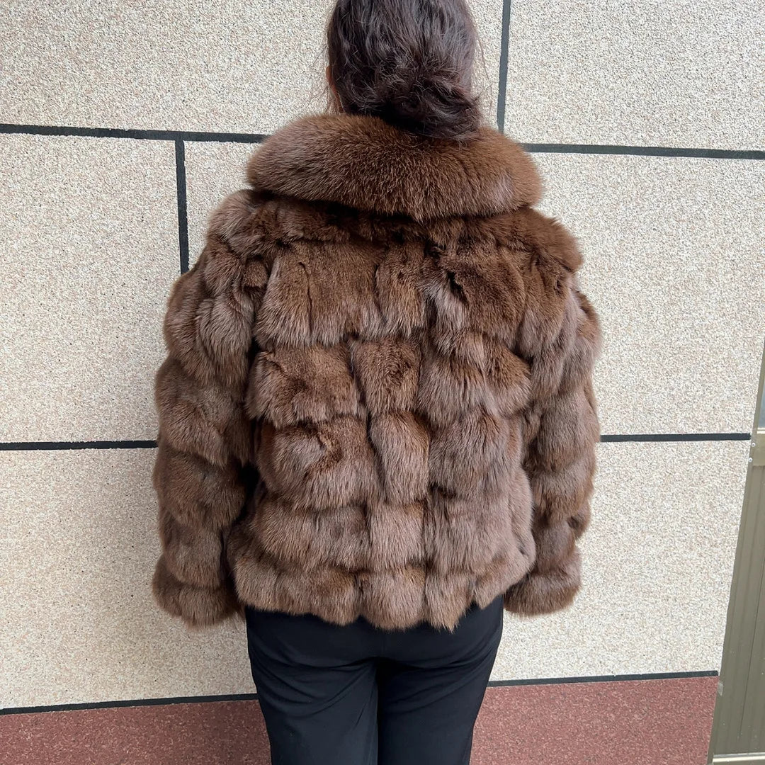 HUA QIU MEI SI Women's Natural Fox Fur Jacket with Fox Collar for Winter Warmth, Short Style Real Fox Fur Leather Jacket