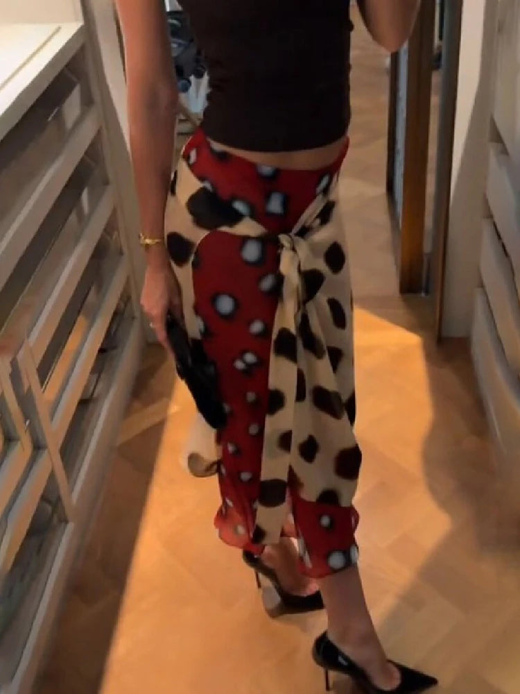 Bohemian Polka Dot Wrap Midi Skirt Women Chic Irregular Hem Layered Chiffon High Waist Skirt Summer Party Vacation Beachwear