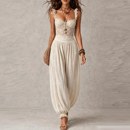 Women Elegant Ruffle Waist Solid Playsuit Overalls Casual Sleeveless Long Romper Sexy V-neck Lace Trim Spaghetti Strap Jumpsuits