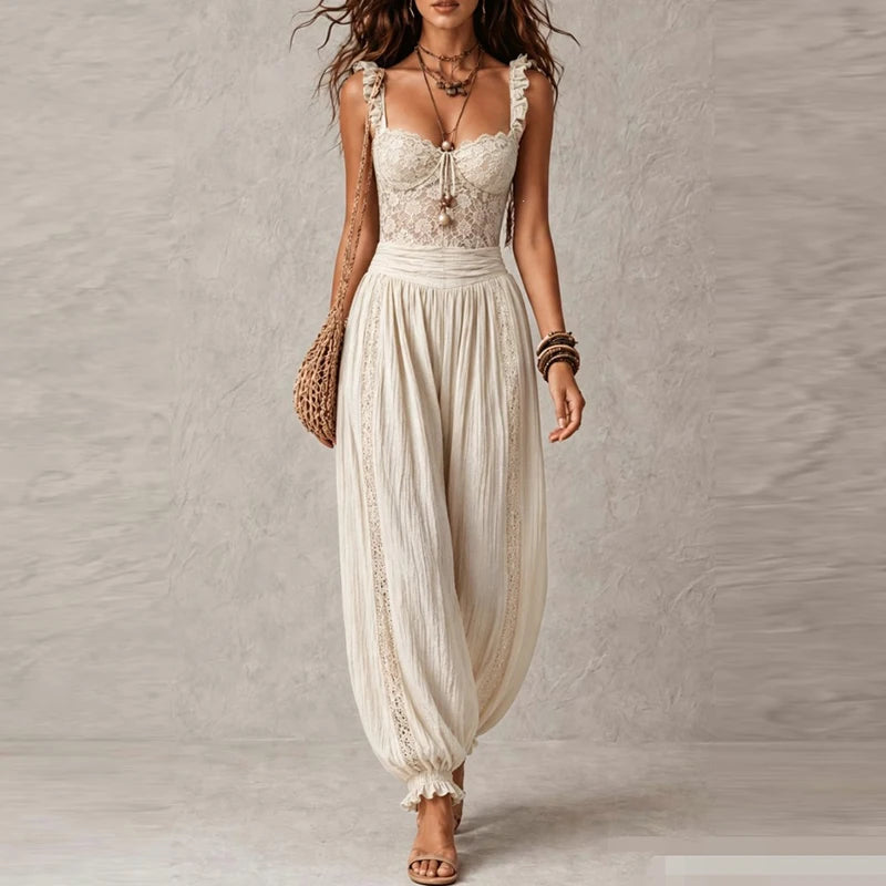 Women Elegant Ruffle Waist Solid Playsuit Overalls Casual Sleeveless Long Romper Sexy V-neck Lace Trim Spaghetti Strap Jumpsuits