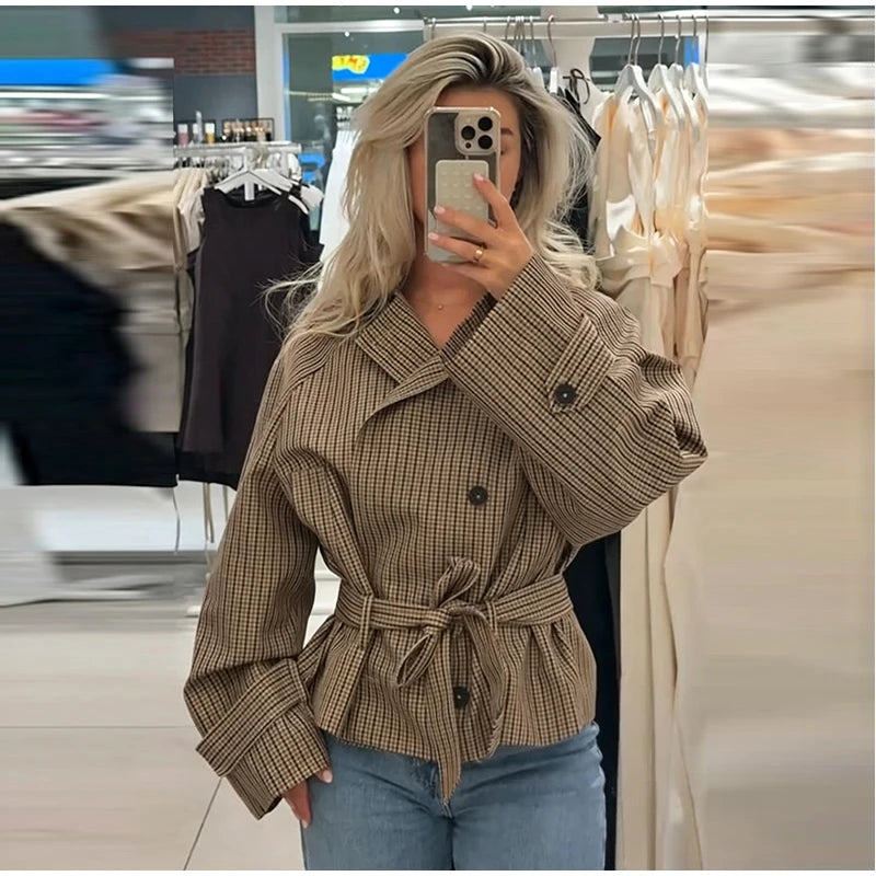 Plaid Cropped Trench Coat Lapel Collar Double Breasted Belted Waist Long Sleeve Women All-match Coats 2026 Autumn Commute Outfit