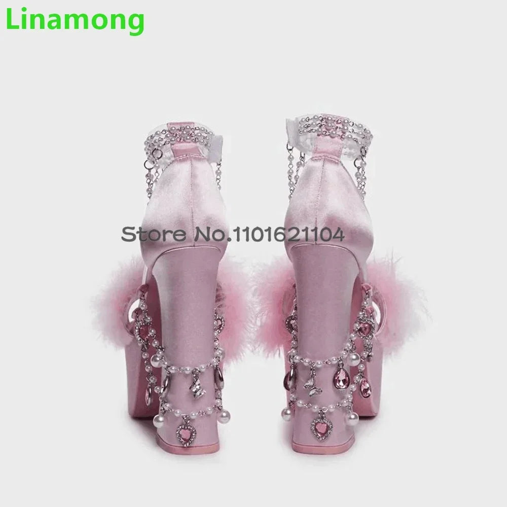 Pink Fur Crystal Chain Luxury Design Sandals For Female Women 2024 New Square Heel Platform Elegant Fashion Sweet Summer Shoes