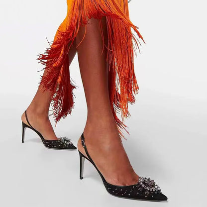 Luxury Diamond Pearls Lace Mesh Women Pumps Elegant Pointed toe Thin High heels Fashion Summer Slingbacks Wedding Party Shoes