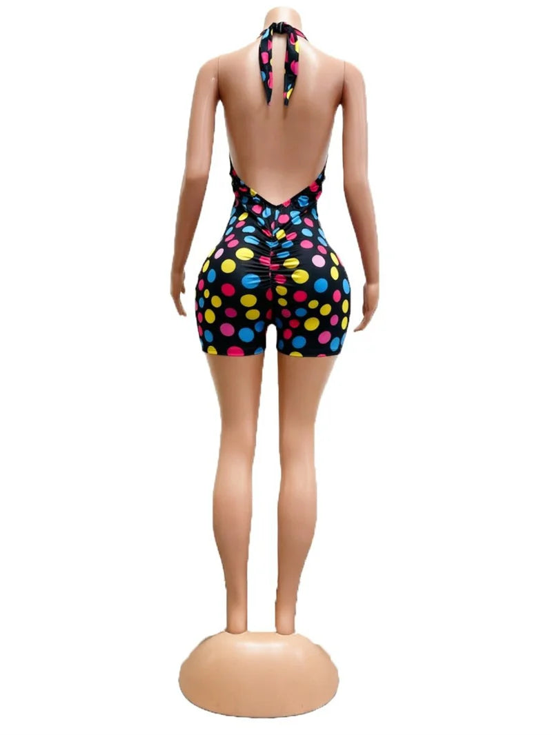 Doyerl Polka Dot Short Jumpsuits for Woman Summer Clothes 2026 Halter V-neck Backless Sleeveless Skinny One Piece Playsuit Mono