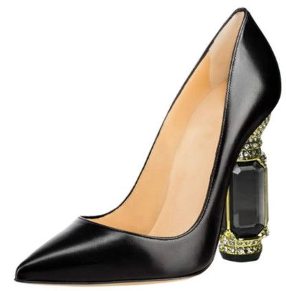 Laser PU Leather Pointed Toe Shallow Women Pumps Shoes Gemstones High Heels Slip On Design Large Size Fashion Shoes