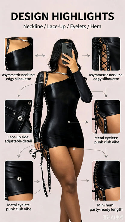 Sexy Black One-Shoulder Strap Dress with Long Sleeve And Bodycon Skirt for Women Fashionable Trendy Mini Dress