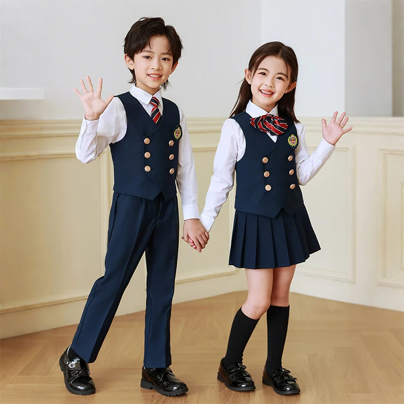 5 Pcs British Style College Kindergarten School Uniform JK Outfits Kid Shirt Pleated Skirt Suit Chorus Performance Costume Dress
