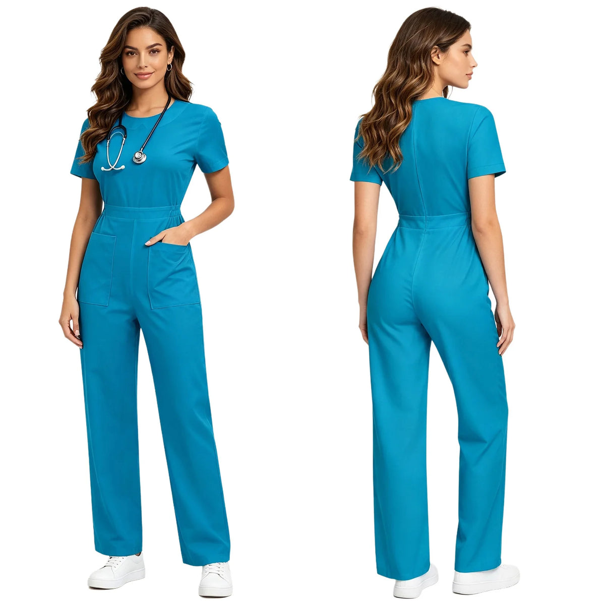 Womens Scrubs Jumpsuit Soft Stretch Medical Scrub Set with Pockets Front Zipper Elastic Waist Jogger Pants Nurse Doctor Workwear