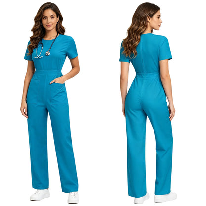 Womens Scrubs Jumpsuit Soft Stretch Medical Scrub Set with Pockets Front Zipper Elastic Waist Jogger Pants Nurse Doctor Workwear