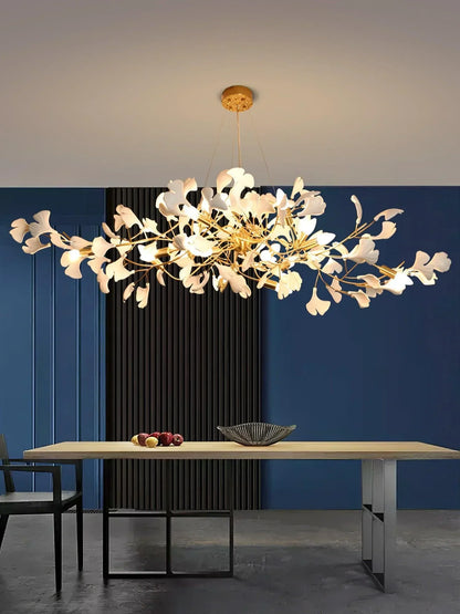 Modern Ceramics White Long Ginkgo Leaf LED Pendant Light Decoration Villa Living Room Ceiling Chandelier Indoor Hanging Lights