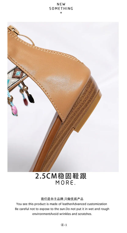 High quality leather flat sandals for women 2.5cm low heel vintage print new summer 2026 36 42 open toe casual shoe black brown