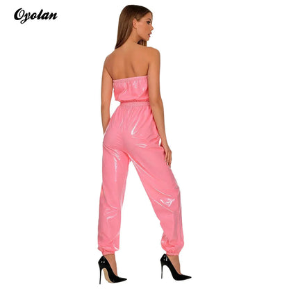 Womens Water Resistant Jumpsuit Strapless Bodysuit Glossy Tube Rompers Diaper Cover Elastic Waist Leg Opening Adaptive Clothes