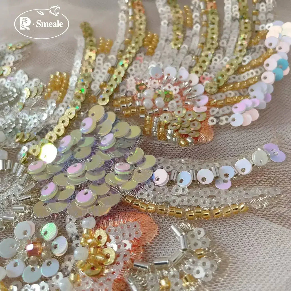 Sequins Bead Embroidery Lace Headwear, Costume Hanfu Belt, Champagne Gold Fish Scale, Performance Costume