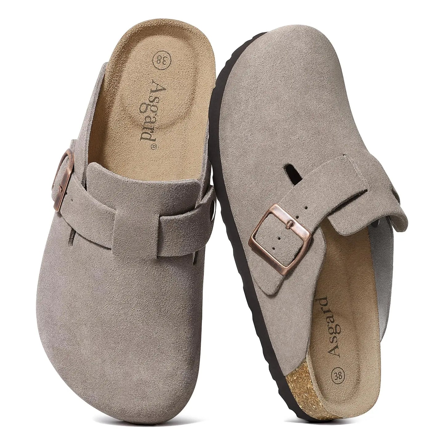 Asgard Women Suede Clogs Genuine Leather Mules Adjustable Buckle with Comfort Cork Footbed and Arch Support Aldult Potato Shoes
