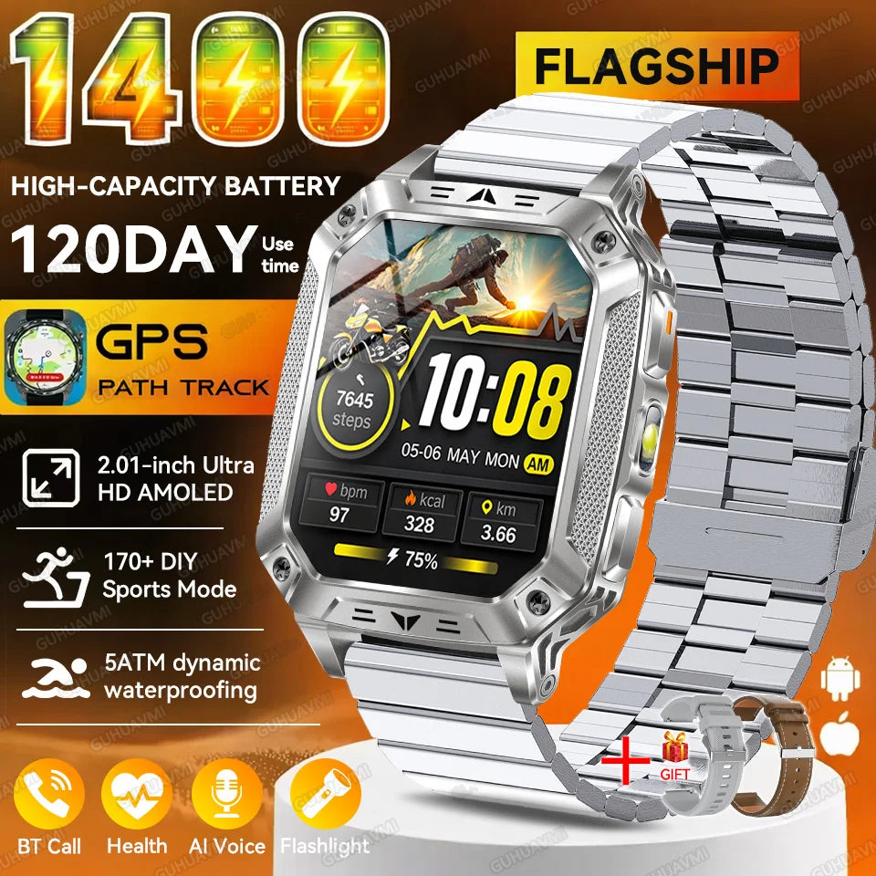 2026 New Outdoor GPS Smart Watch 1400mAh High Capacity Battery 2.01" Sapphire Screen 10ATM Waterproof Dual-color Lamp Smartwatch