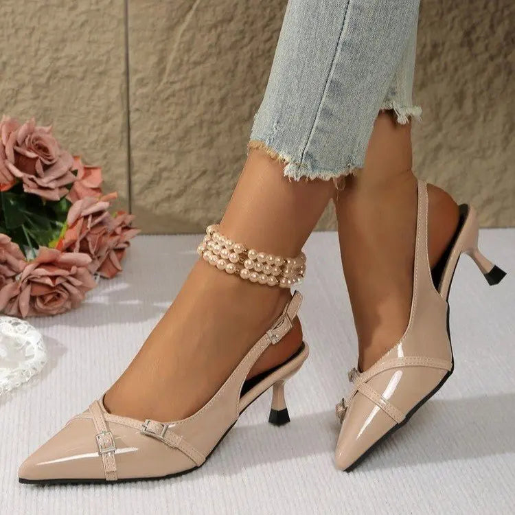 Fashionable Pointed Toe Shallow Mouth New High-heeled Shoes Summer Elegant Buckle Decorated Stiletto Black Women's Shoes NO:602