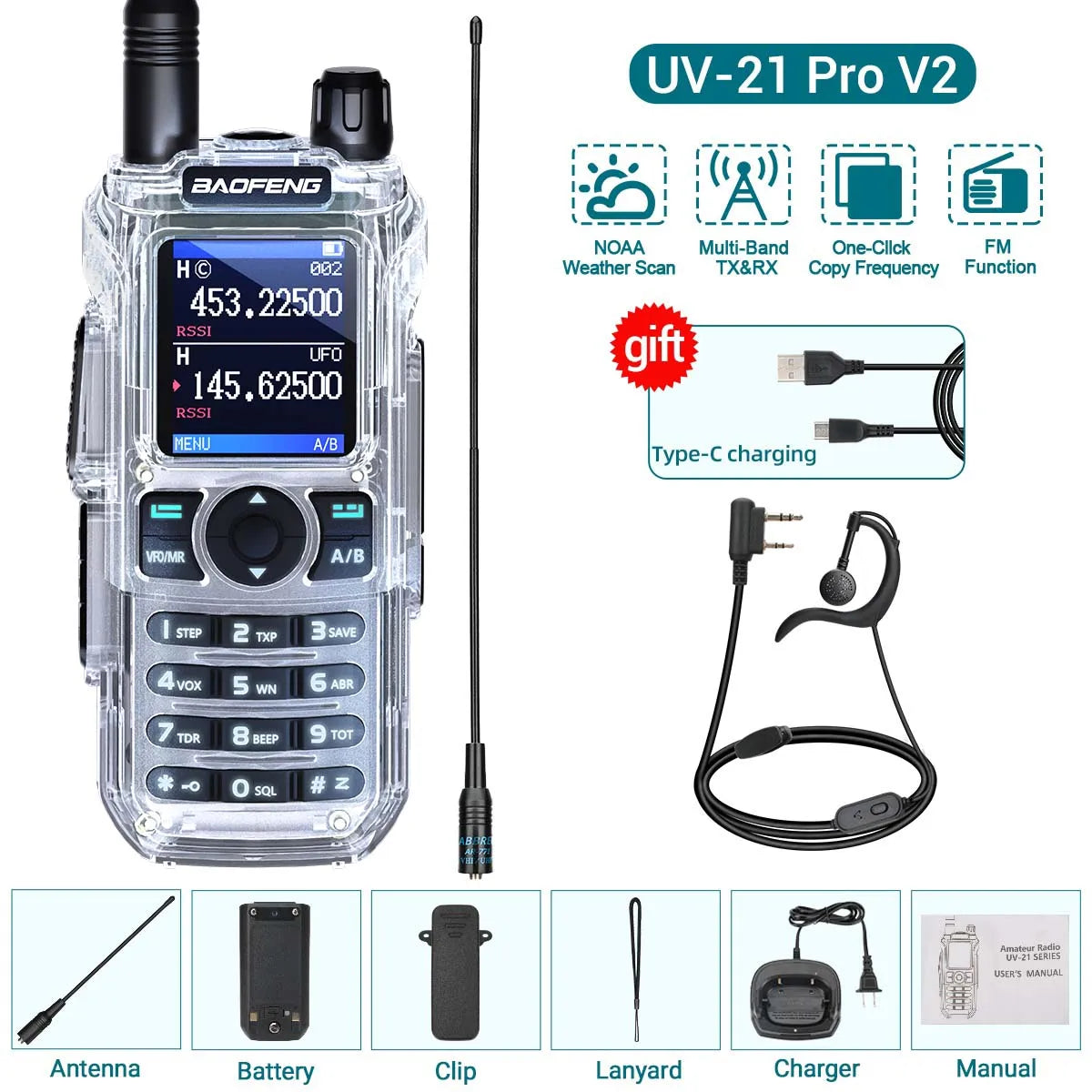 BAOFENG UV-21 PRO Auto Frequency Copy Walkie Talkie Ultra Long Range High Power Multi-Band Type-C Charger Portable Ham Radio