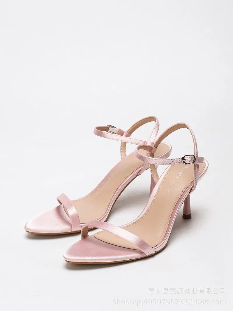 Elegant Heeled Sandals Women Luxury Satin Narrow Strap Design Ankle Strap Heels Sexy Pointed Toe Evening Designer Shoes Ladies