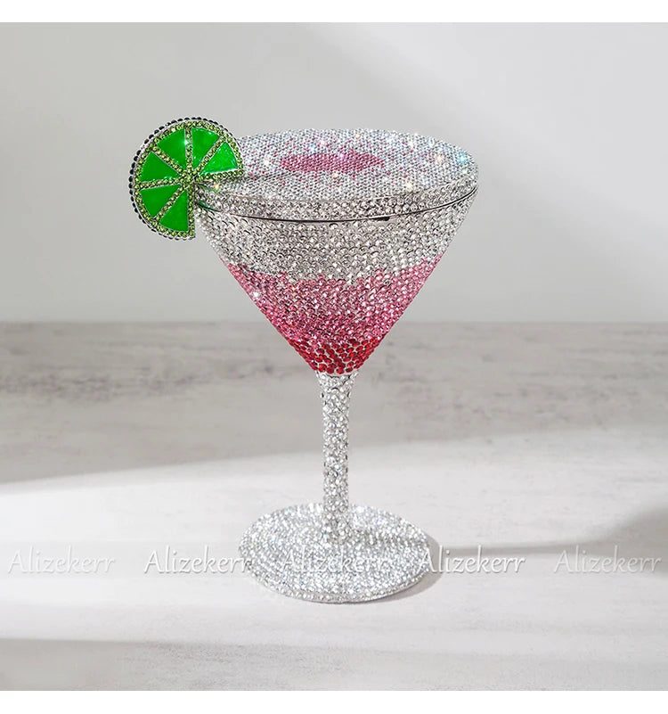 Alizekerr Cocktail Glass Shaped Rhinestone Evening Bags Luxury Designer Gorgeous Crystal Metal Purses And Handbags Wedding Party