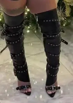 Summer Hot Women Camouflage Cloth Belt Buckles Open Toe Hollow Zipper Up Side Thin Heels Over The Knee Boots Party Long Botas