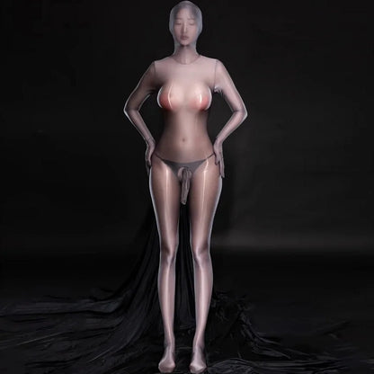 Zipper Open Full Body Catsuit with JJ Pouch Thin Sheath Transparent Body-stocking Unisex Sheer Bodysuit Sexy Lingerie Jumpsuit