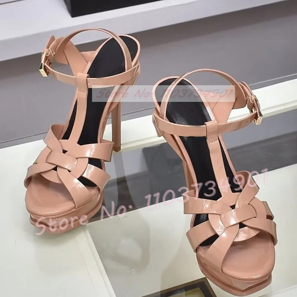 Platform Shiny Leather Cage Sandals Women Open Toe Ankle Strap High Heels Sandals Lady Stone Pattern Sexy Elegant Luxury Shoes