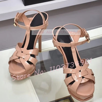 Platform Shiny Leather Cage Sandals Women Open Toe Ankle Strap High Heels Sandals Lady Stone Pattern Sexy Elegant Luxury Shoes