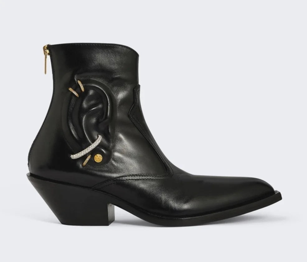 Genuine Leather Bling Rhinestone Pointed Toe Mid-Calf Women Boots Chunky High Heels Back Zipper Design Special Design Shoes