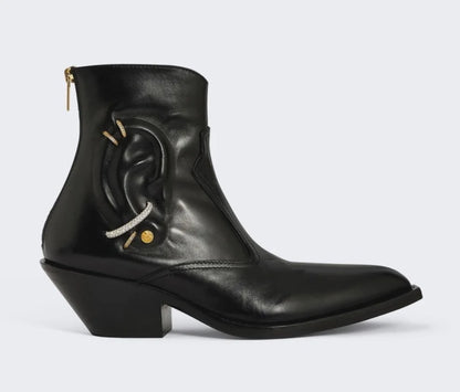 Genuine Leather Bling Rhinestone Pointed Toe Mid-Calf Women Boots Chunky High Heels Back Zipper Design Special Design Shoes