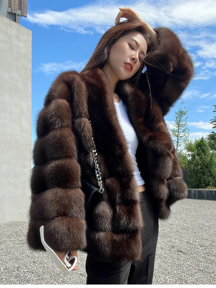Lautaro Autumn Winter Elegant Luxury Chic Thick Warm Striped Hairy Faux Sable Fur Coat Women V Neck High Quality Fluffy Jacket