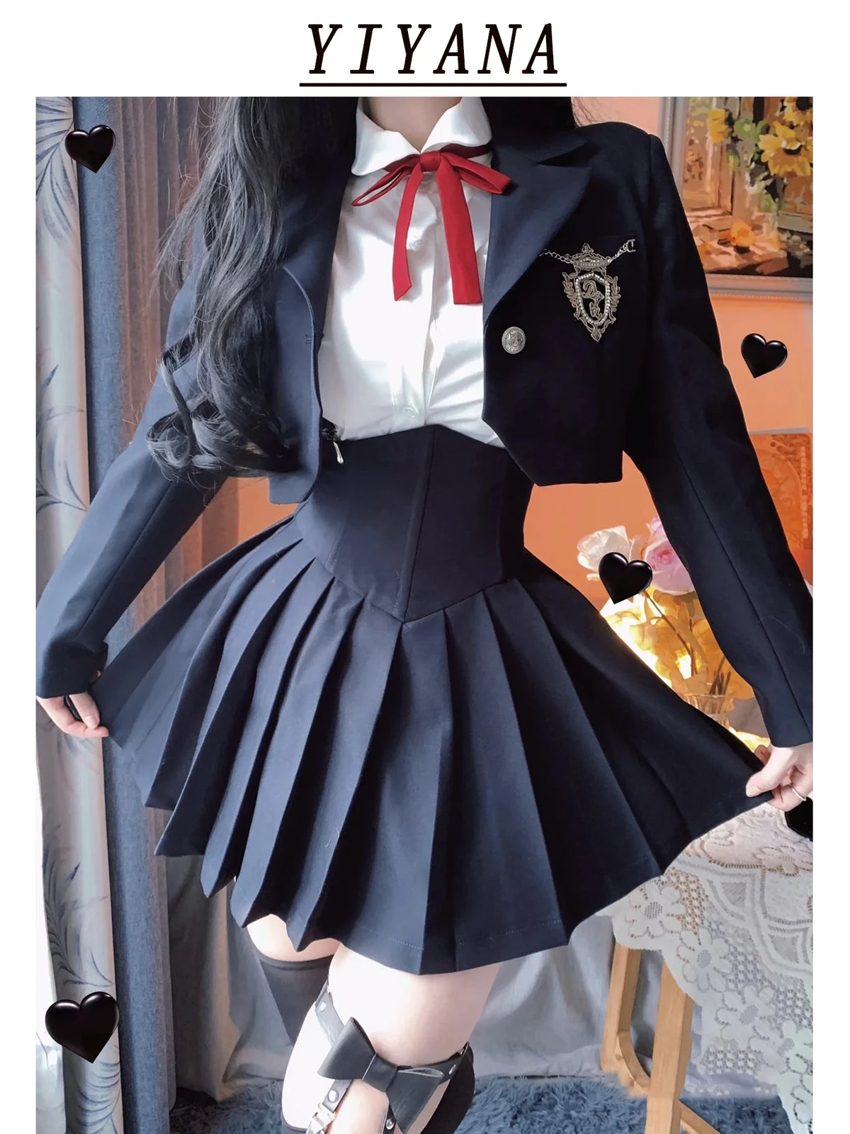 Spring 2025 Preppy Style American Uniform Set Girls Short Suit Coat Long Sleeve White Shirt Slim High Waist Pleated Skirt Navy