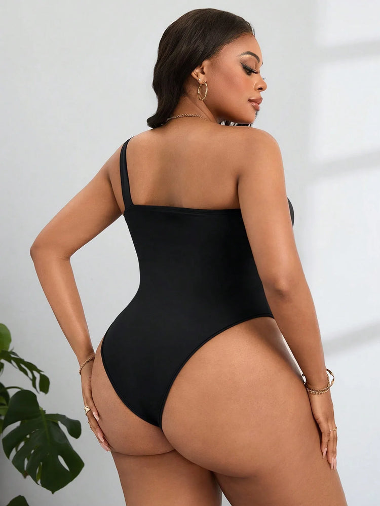 Plus-Size Women's Jumpsuit Sexy One-Shoulder Gold Ring Detail Solid Color Waist-Defining Pants Slimming Shaping One-Piece