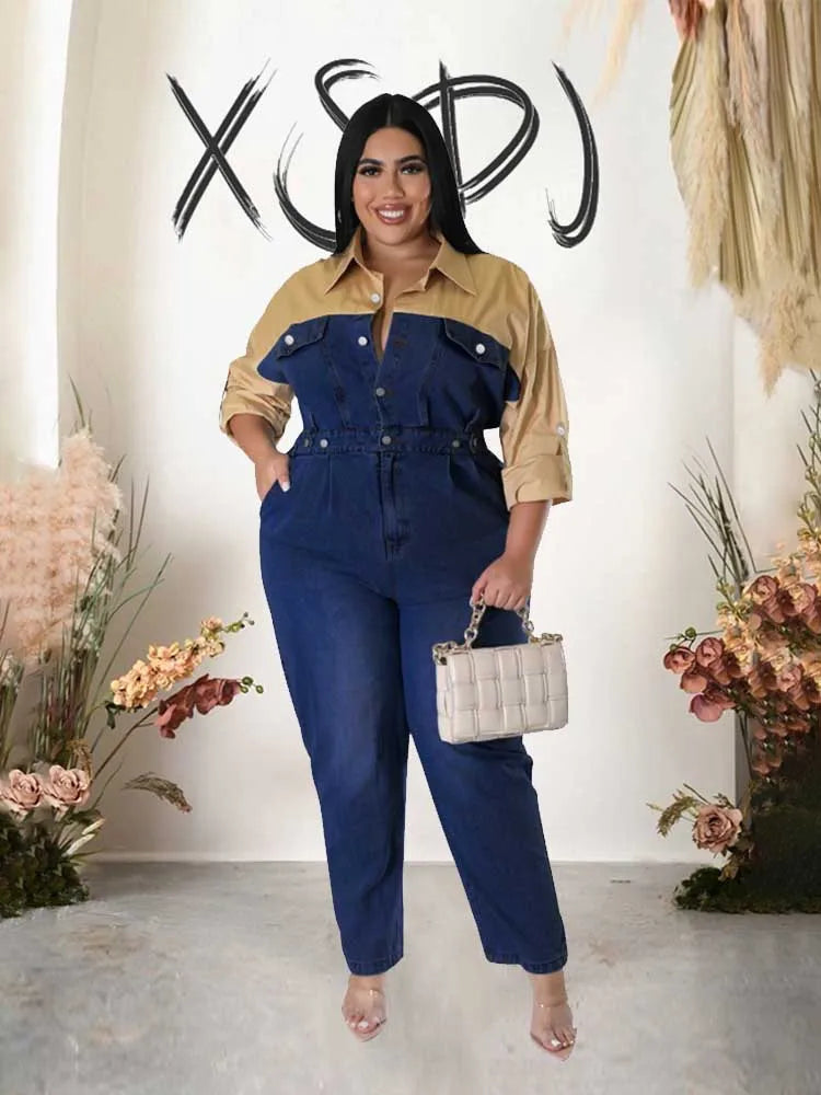 Winter Jeans Jumpsuit for Women Simple and Elegant Long Straight Jumpsuits Plus Size Clothing Female Denim Cotton Jumpsuit