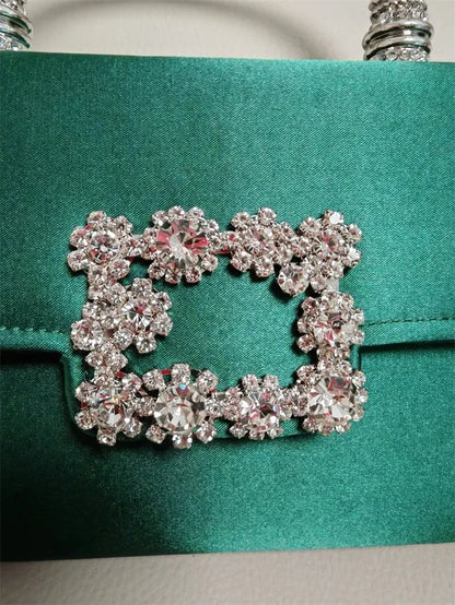 Rhinestone Faux Silk Emerald Evening Bag Silver Diamond Buckle Handle Fashion Handbags Elegant Ladies Square Bolsa Feminina