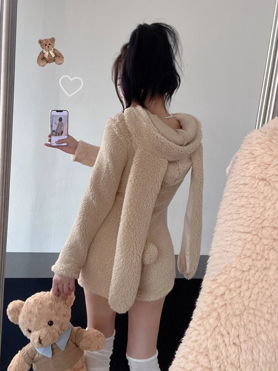 Pink Rabbit Hooded Fluffy Jumpsuits Sweet Zipper Long Sleeve Solid Color Rompers Flannel Onesie Shorts Pajamas Loungewear