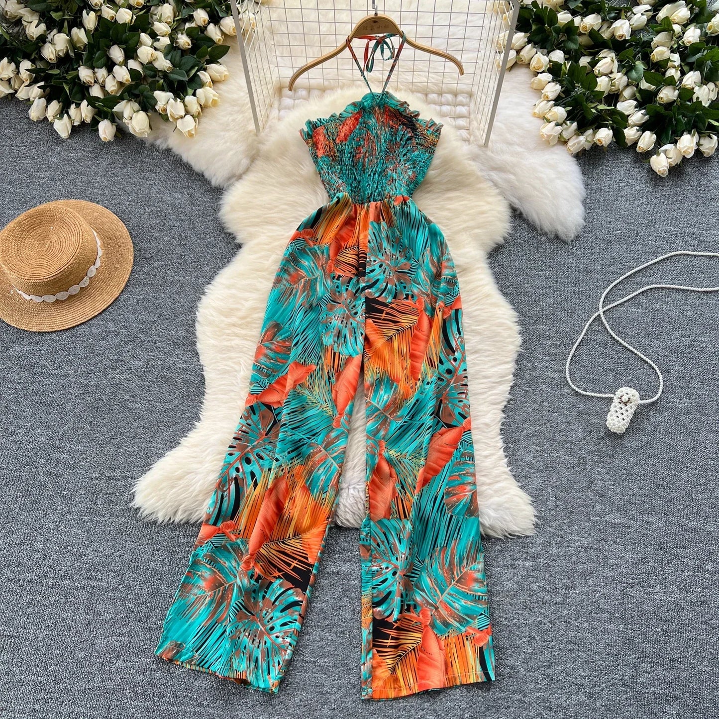 2024 New Summer Sexy Bohemian Leaf Print Jumpsuits Women Sleeveless Sexy Long Jumpsuit Mujer Casual Holiday Beach Rompers