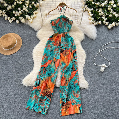 2024 New Summer Sexy Bohemian Leaf Print Jumpsuits Women Sleeveless Sexy Long Jumpsuit Mujer Casual Holiday Beach Rompers