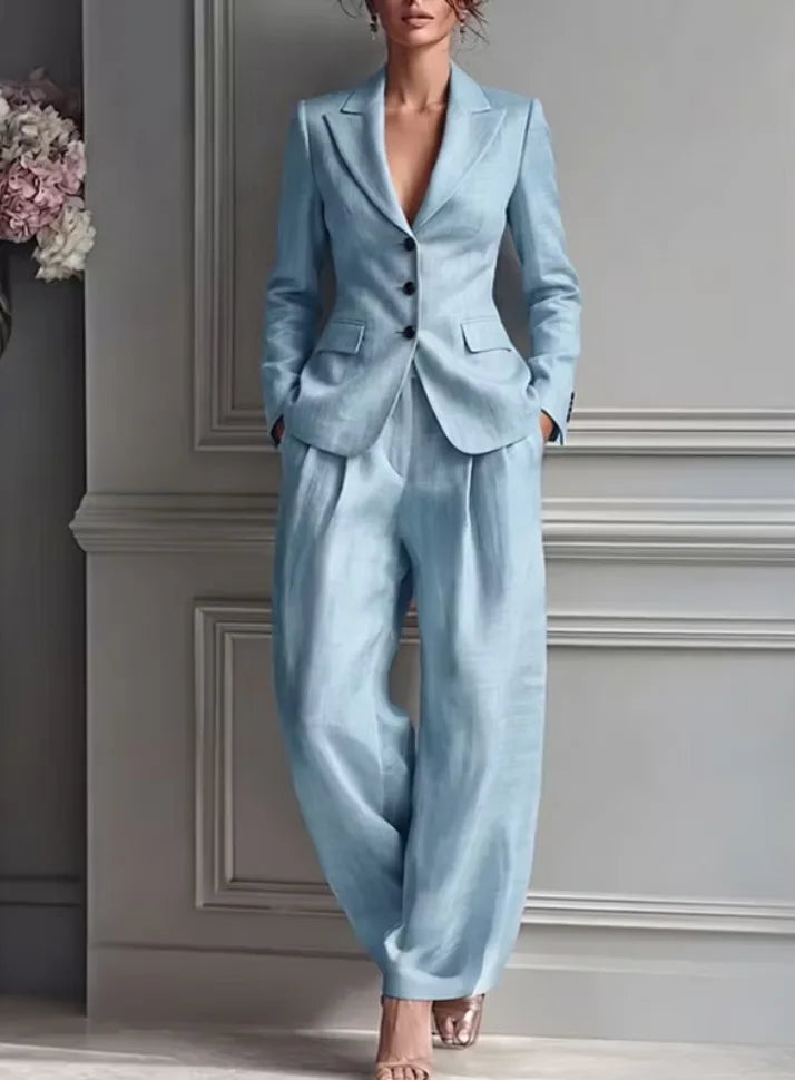 Autumn New Women's Long-sleeved Suit Shirt 2-piece Set Fashion Pocket Suit Collar Slim Temperament Female Office Trousers Suit