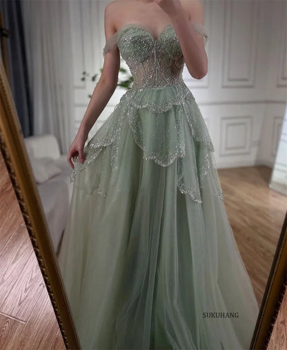 SUKUHANG Handmade Evening Dresses Layer Beaded Tulle Evening Dresses Off the Shoulder A-Line Prom Dresses Customized